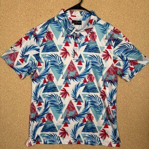 Yatta Golf Men’s Polo Shirt Large White Tropical Palm Geometric Print Polyester